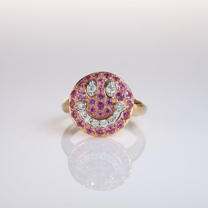 Anello "Smiley Face" in oro rosa 18K con zaffiri rosa e diamanti