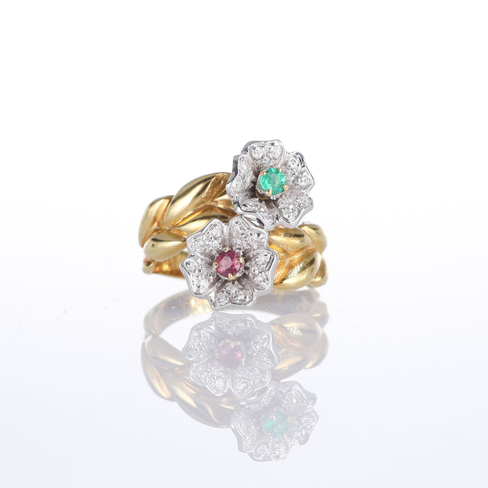 Anello in Oro Giallo 18kt con Fiori di Tormalina e Diamanti