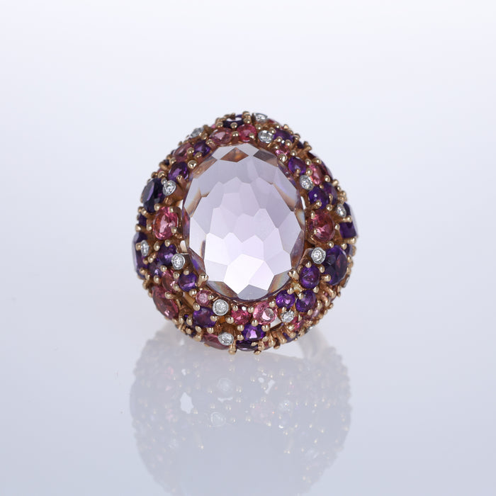 Anello Cupola in Oro Rosa 18kt con Quarzo, Ametiste, Zaffiri Rosa e Pavé di Diamanti