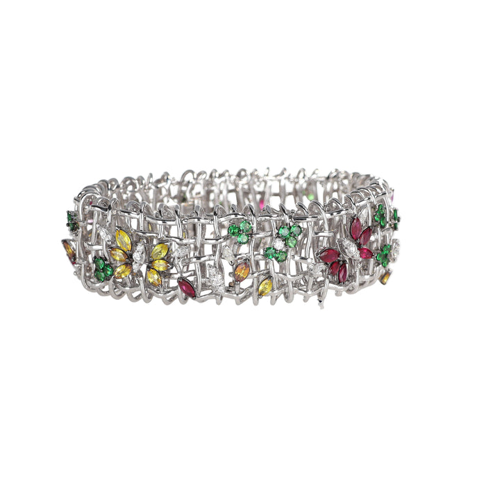 Bracciale Semirigido in Oro Bianco 18kt con Zaffiri Multicolori e Diamanti