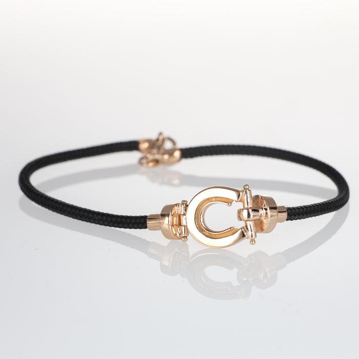 Bracciale in Oro Rosa 18kt con Ferro di Cavallo e Cordoncino Nero