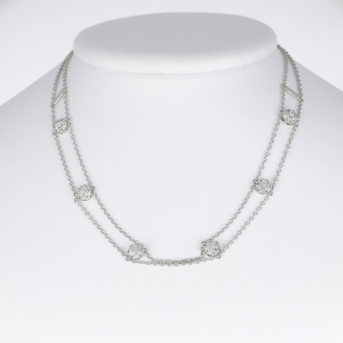 Collana doppia catena in Oro Bianco 18 Carati con Fiori di Diamanti – 0,90 Carati