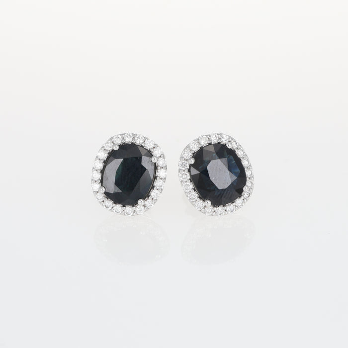 Orecchini a Lobo in Oro Bianco 18kt con Zaffiri Dark Blue e Contorno di Diamanti