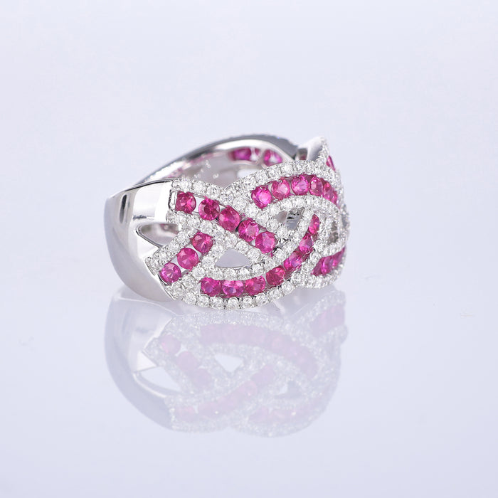 Anello Fascia Intrecciata in Oro Bianco 18kt con Rubini e Diamanti