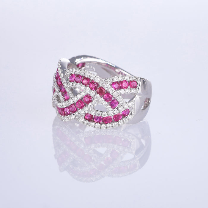 Anello Fascia Intrecciata in Oro Bianco 18kt con Rubini e Diamanti