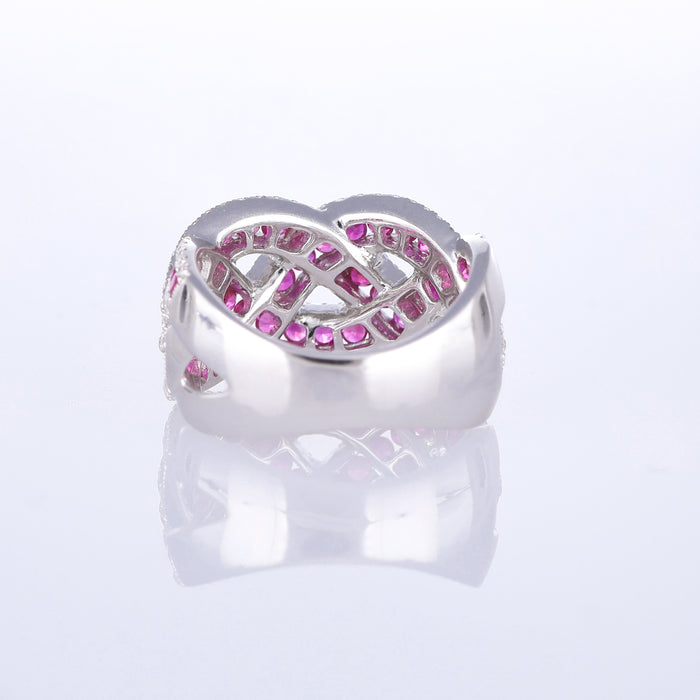 Anello Fascia Intrecciata in Oro Bianco 18kt con Rubini e Diamanti