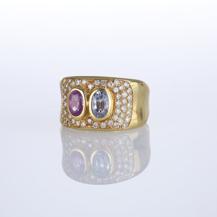 Anello Fascia in Oro Giallo 18kt con Diamanti Naturali e Tormaline