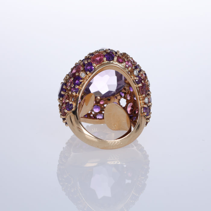 Anello Cupola in Oro Rosa 18kt con Quarzo, Ametiste, Zaffiri Rosa e Pavé di Diamanti