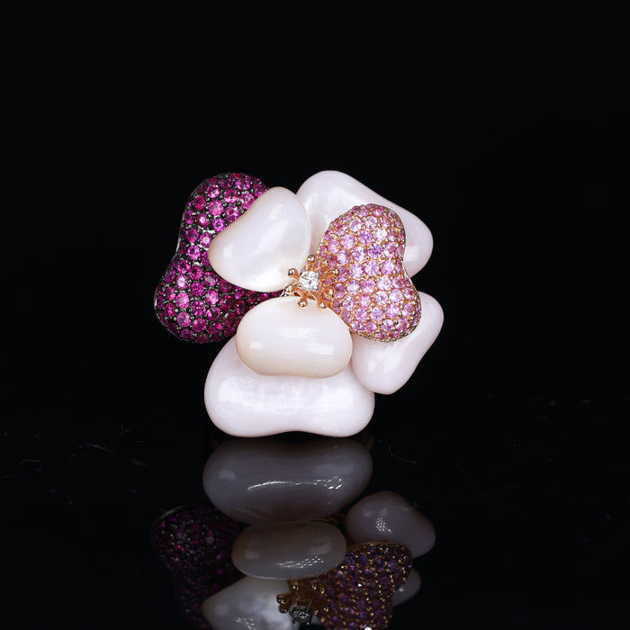 Anello Cupola in Oro Rosa 18kt con Quarzo, Ametiste, Zaffiri Rosa e Pavé di Diamanti
