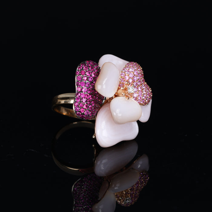 Anello Cupola in Oro Rosa 18kt con Quarzo, Ametiste, Zaffiri Rosa e Pavé di Diamanti