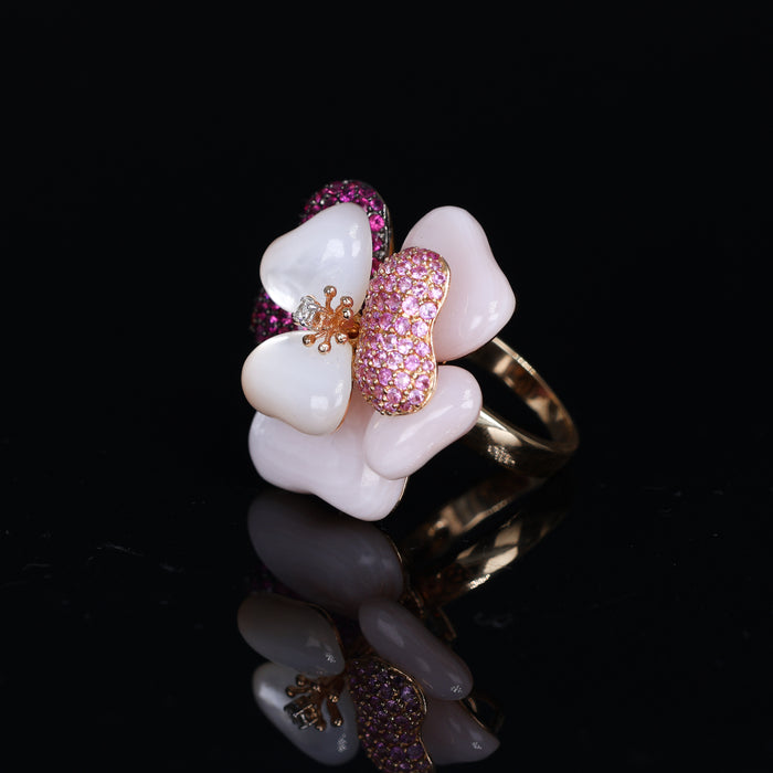 Anello Cupola in Oro Rosa 18kt con Quarzo, Ametiste, Zaffiri Rosa e Pavé di Diamanti