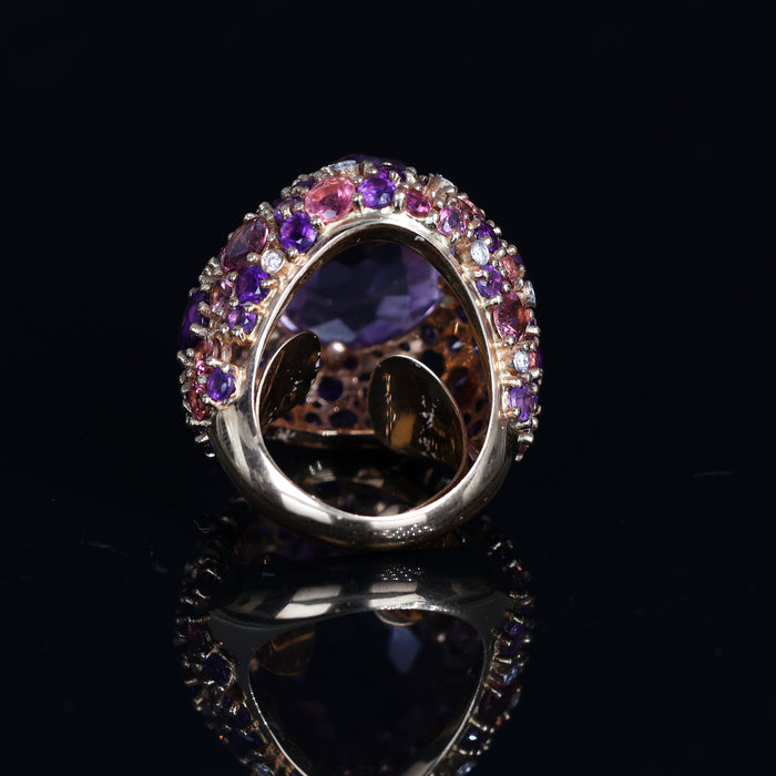 Anello Cupola in Oro Rosa 18kt con Quarzo, Ametiste, Zaffiri Rosa e Pavé di Diamanti