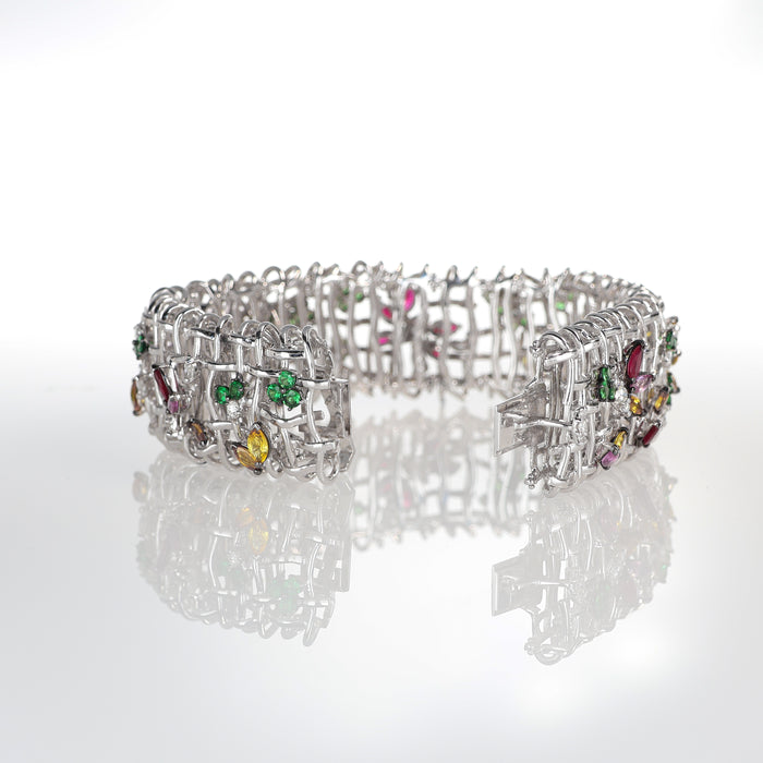 Bracciale Semirigido in Oro Bianco 18kt con Zaffiri Multicolori e Diamanti