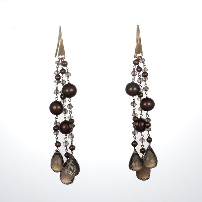 Orecchini Pendenti in Oro Rosa 18kt con Perle Chocolate e Spinello Smoky