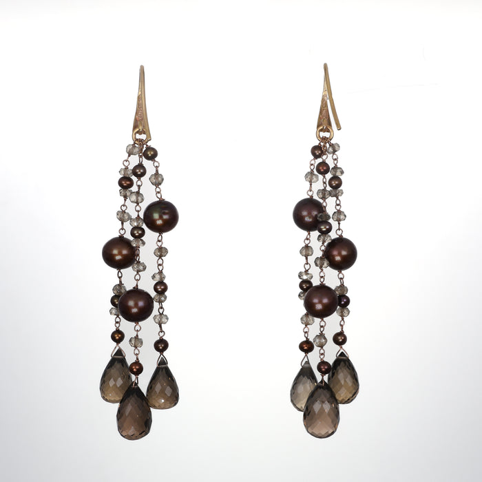 Orecchini Pendenti in Oro Rosa 18kt con Perle Chocolate e Spinello Smoky