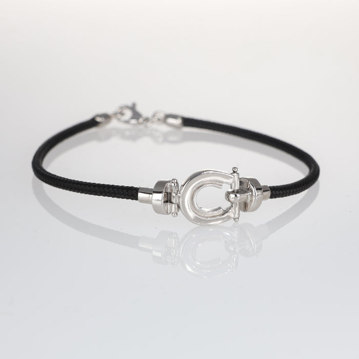 Bracciale in Oro Bianco 18kt con Ferro di Cavallo e Cordoncino Nero