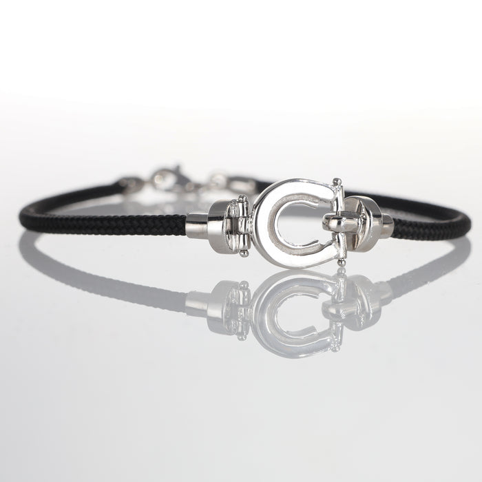 Bracciale in Oro Bianco 18kt con Ferro di Cavallo e Cordoncino Nero
