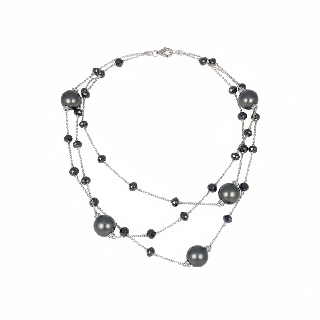 Collana Lunga in Oro Bianco 18kt con Diamanti Neri e Perle Nere