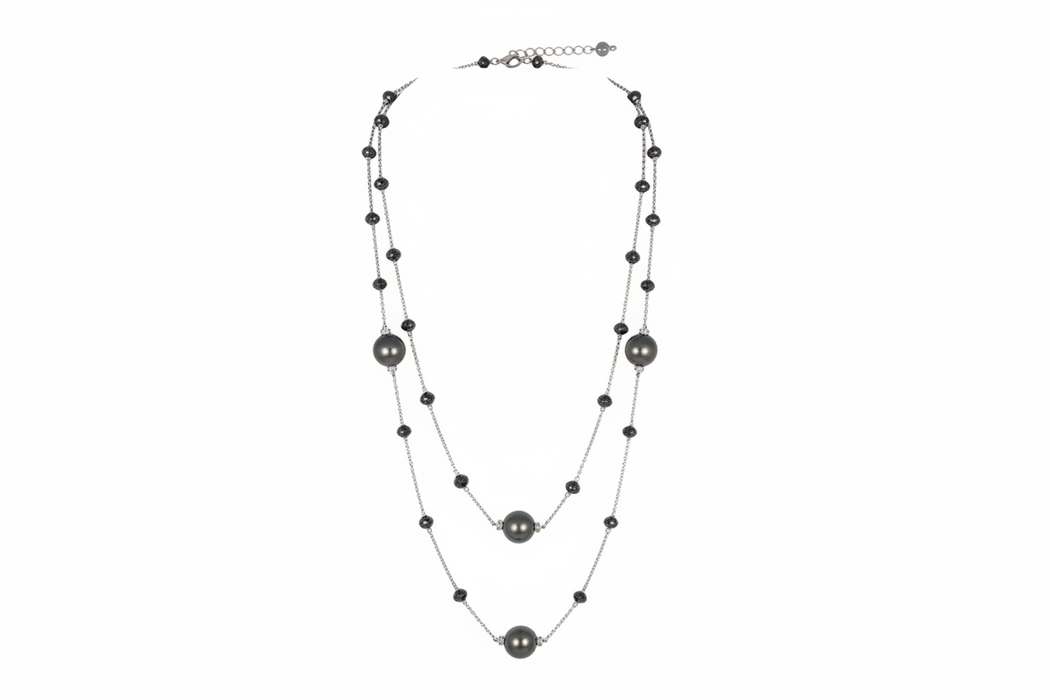 Collana Lunga in Oro Bianco 18kt con Diamanti Neri e Perle Nere