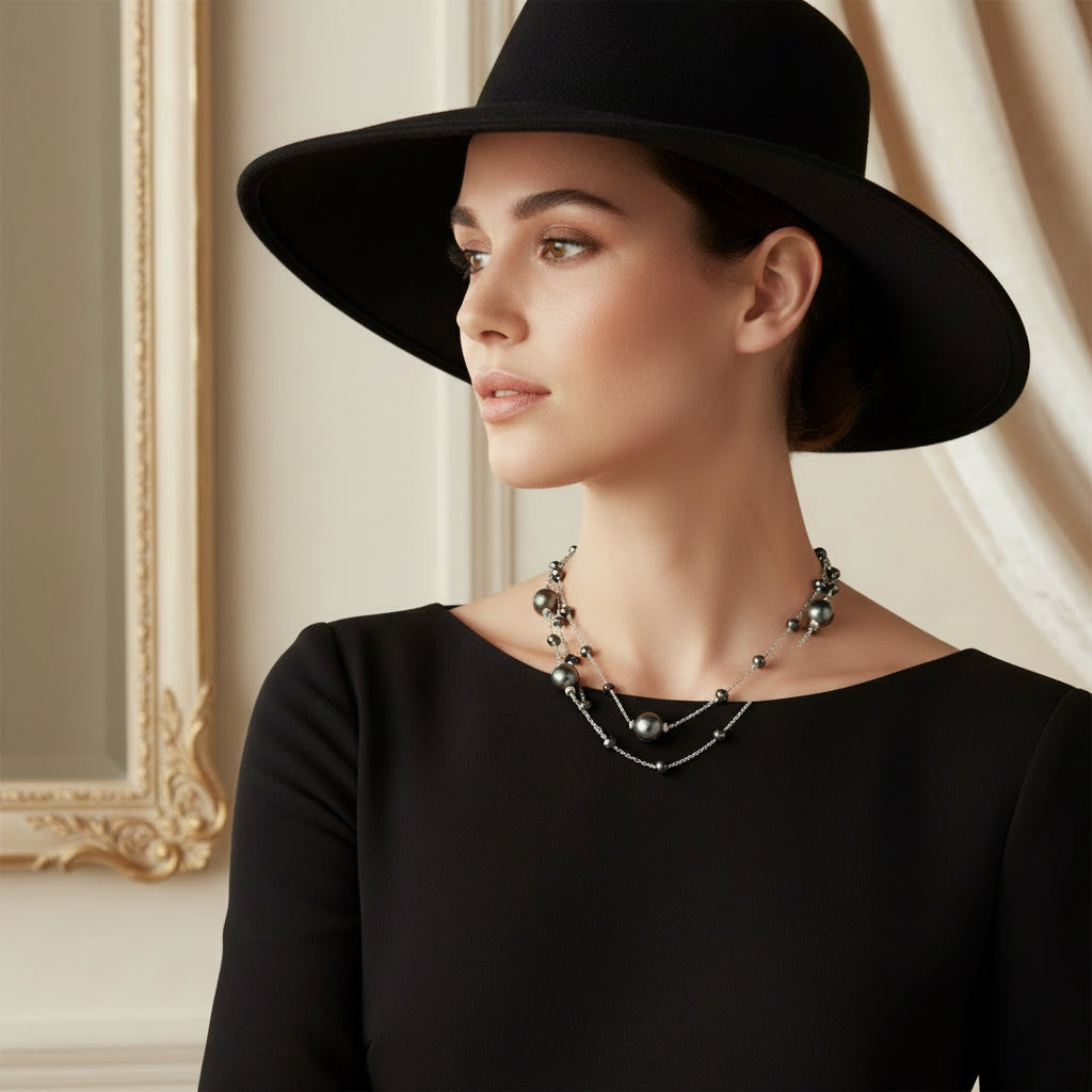 Collana Lunga in Oro Bianco 18kt con Diamanti Neri e Perle Nere