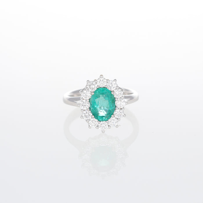 Anello Regina Elena in Oro Bianco 18kt con Smeraldo e Diamanti