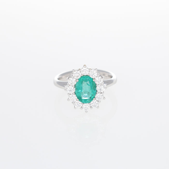 Anello Regina Elena in Oro Bianco 18kt con Smeraldo e Diamanti