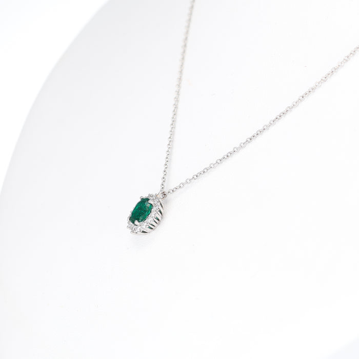 Ciondolo in Oro Bianco 18kt con Smeraldo Ovale e Diamanti
