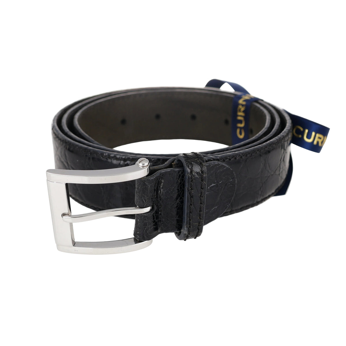 Cintura Artigianale in Coccodrillo Nero con Fibbia Quadrata in Oro Bianco 18kt
