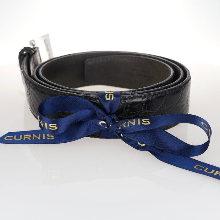 Cintura Artigianale in Coccodrillo Nero con Fibbia Quadrata in Oro Bianco 18kt