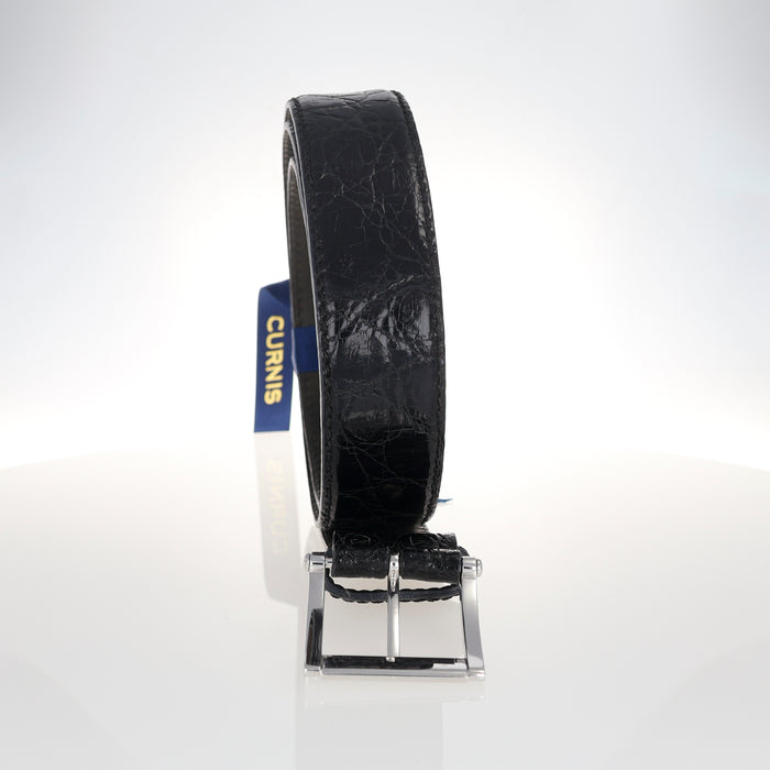Cintura Artigianale in Coccodrillo Nero con Fibbia Quadrata in Oro Bianco 18kt