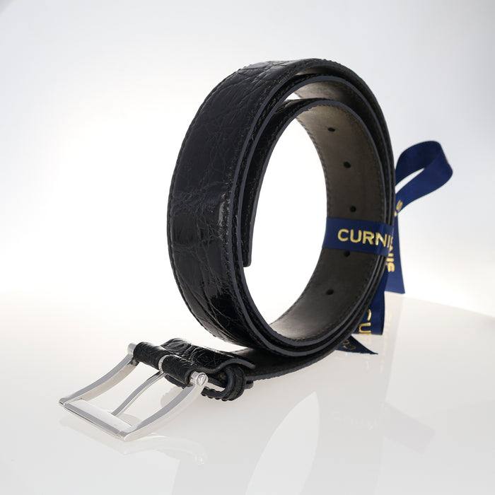 Cintura Artigianale in Coccodrillo Nero con Fibbia Quadrata in Oro Bianco 18kt