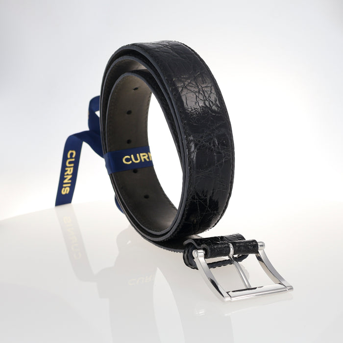 Cintura Artigianale in Coccodrillo Nero con Fibbia Quadrata in Oro Bianco 18kt