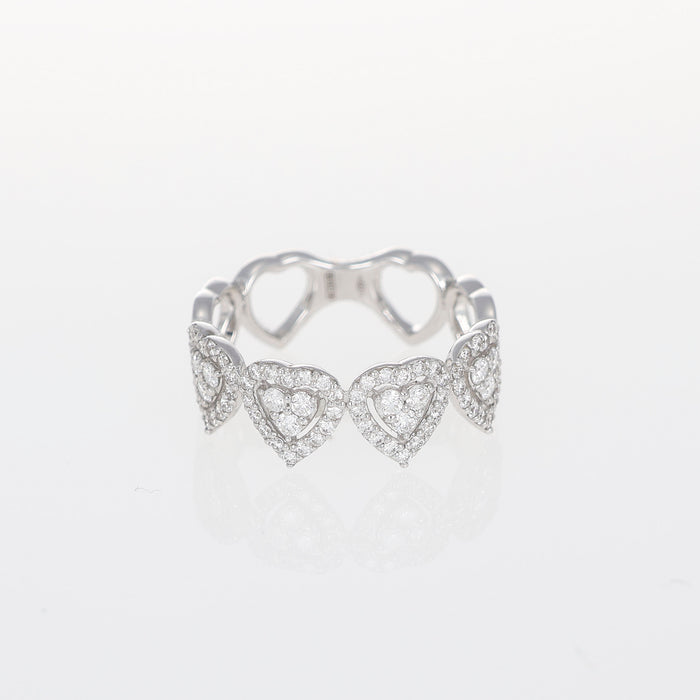 Anello in Oro Bianco 18kt con Cuori e Diamanti Brillanti