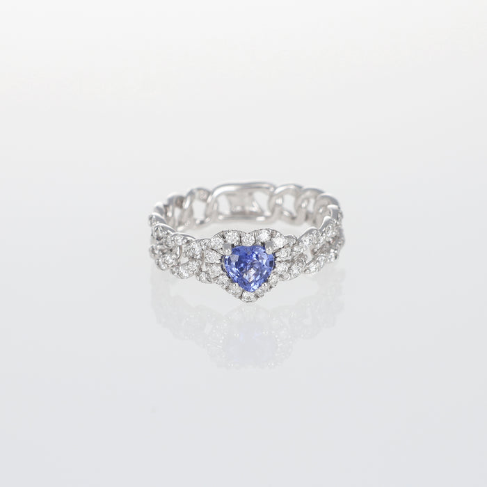 Anello Groumette in Oro Bianco 18kt con Diamanti e Zaffiro Blu Cuore