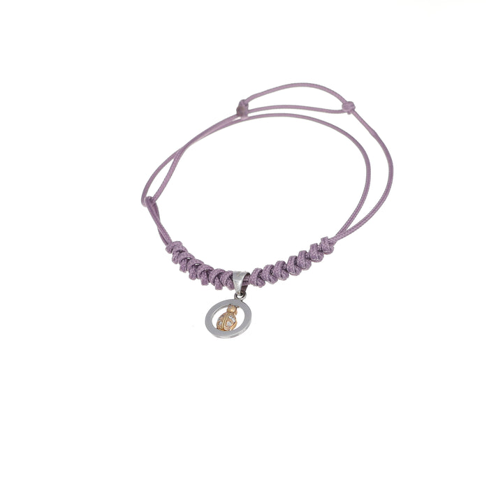 Bracciale con coccinella in oro e diamanti su cordino lilla