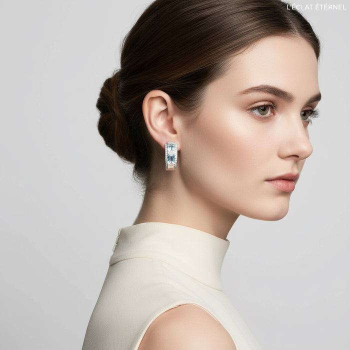 Orecchini a semicerchio in oro bianco con acquamarina e diamanti