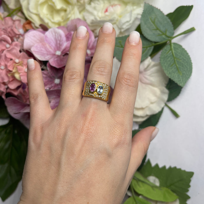 Anello Fascia in Oro Giallo 18kt con Diamanti Naturali e Tormaline
