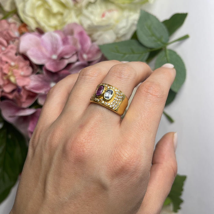 Anello Fascia in Oro Giallo 18kt con Diamanti Naturali e Tormaline