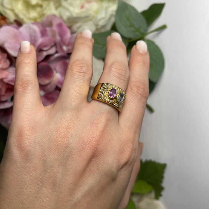 Anello Fascia in Oro Giallo 18kt con Diamanti Naturali e Tormaline