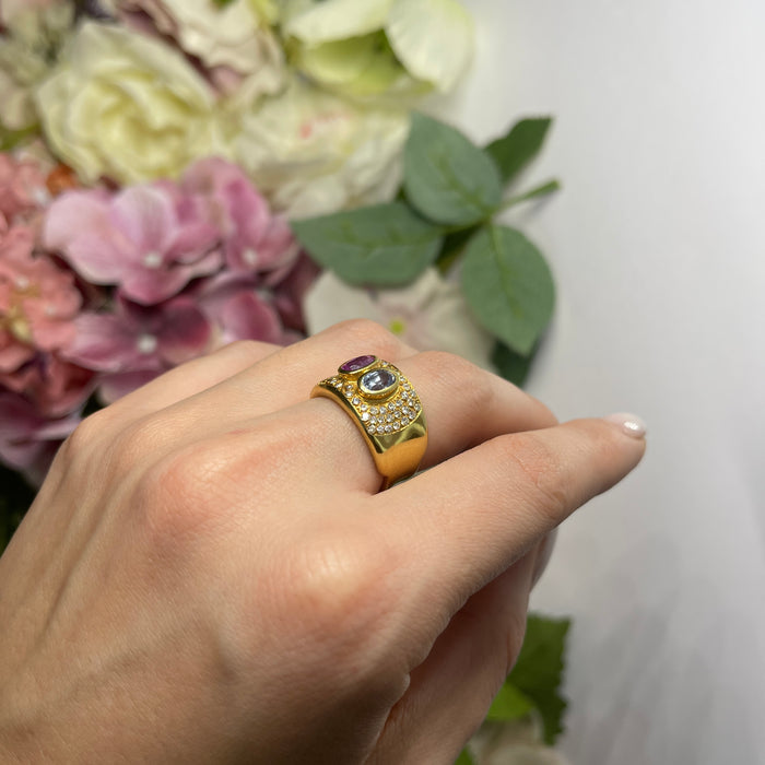 Anello Fascia in Oro Giallo 18kt con Diamanti Naturali e Tormaline