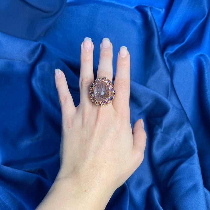 Anello Cupola in Oro Rosa 18kt con Quarzo, Ametiste, Zaffiri Rosa e Pavé di Diamanti