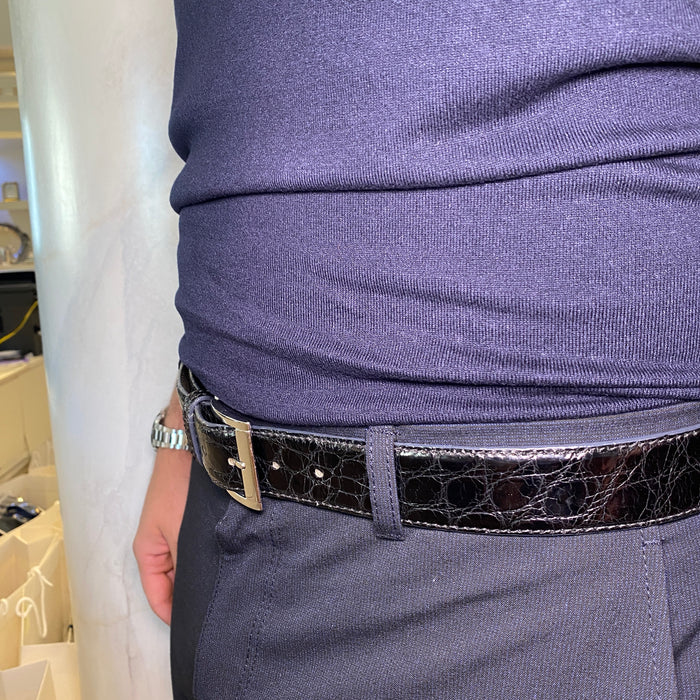 Cintura Artigianale in Coccodrillo Nero con Fibbia Quadrata in Oro Bianco 18kt