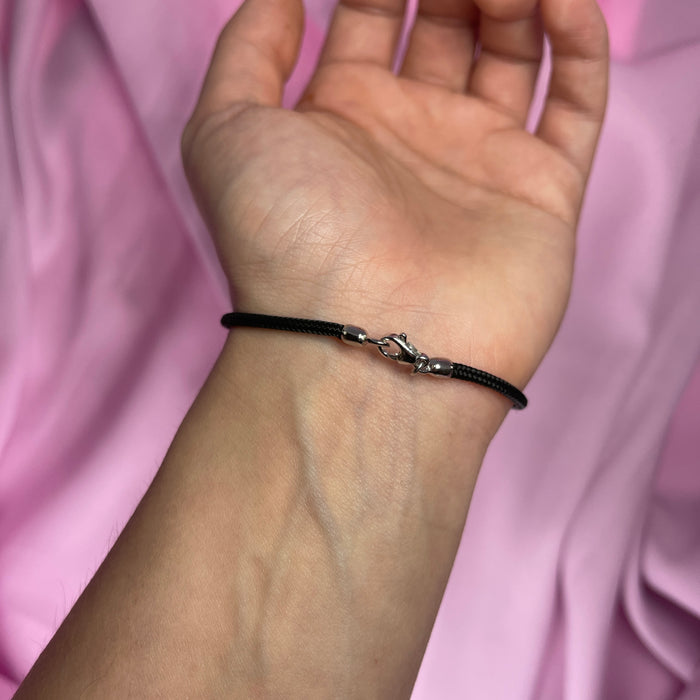Bracciale in Oro Bianco 18kt con Ferro di Cavallo e Cordoncino Nero
