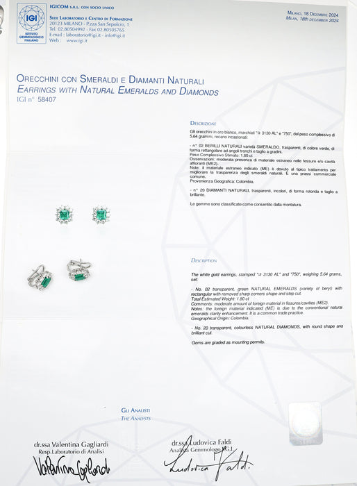 Orecchini a rosetta, smeraldi naturali 1.80 carati e diamanti bianchi, oro bianco