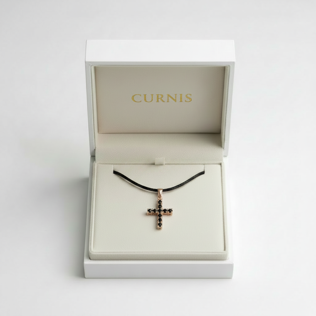 Pendente Croce Oro Rosé Diamanti Neri
